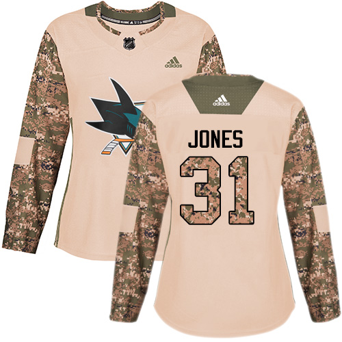 Adidas Sharks #31 Martin Jones Camo Authentic Veterans Day Women's Stitched NHL Jersey - Click Image to Close